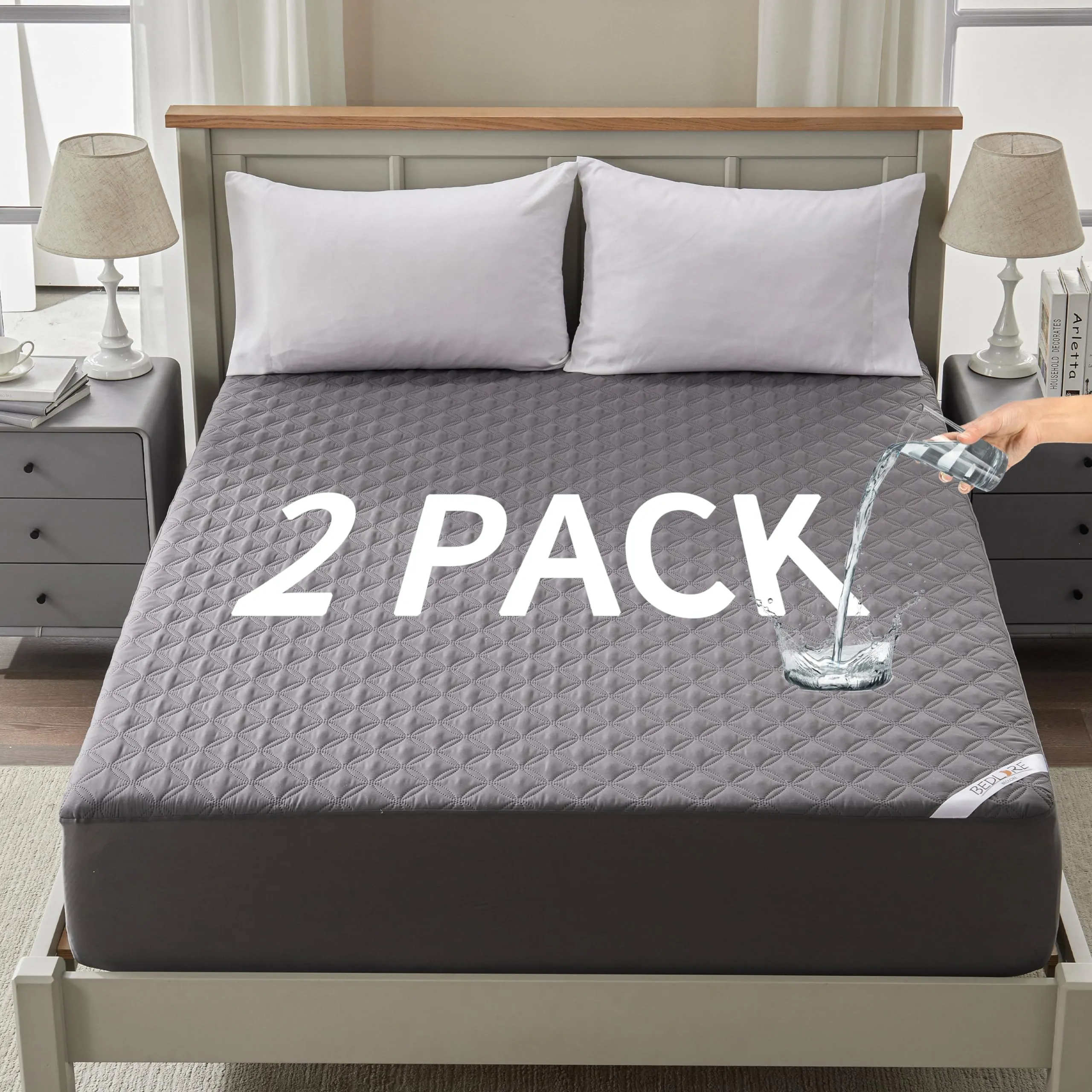 2 Pack Waterproof Mattress Protector, Twin Size Mattress Pad Noiseless with Deep Pocket Fitted for 6"-18", Soft & Breathable Dirt-Proof Single Bed Mattress Cover for Kids Bedroom, Dorm Room (Gray)