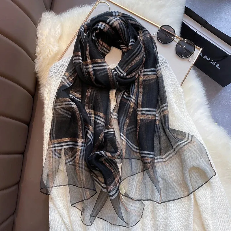 2023 Luxury Silk Wool Scarf Women Plaid Long Foulard Female Glitter Shawl Wrap for Ladies Hijab Spring Winter Thin Warm Scarves