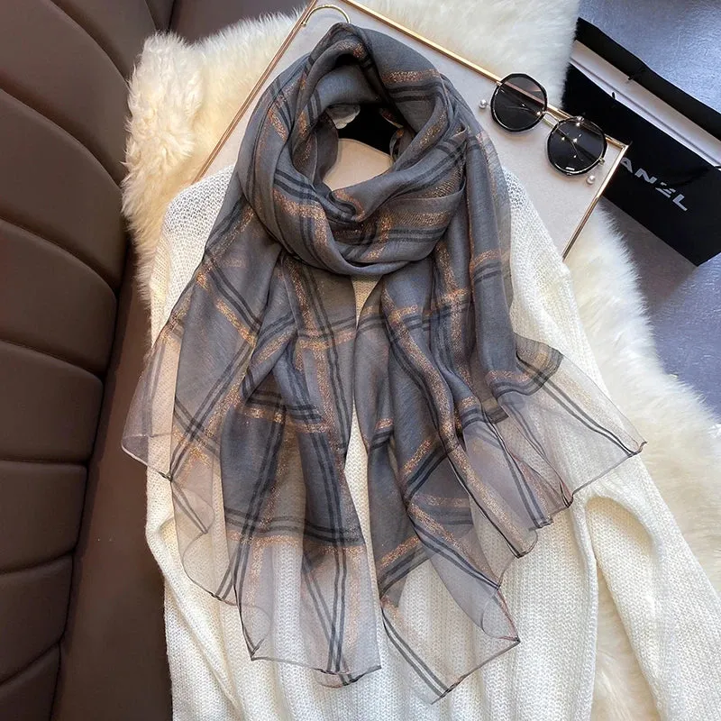 2023 Luxury Silk Wool Scarf Women Plaid Long Foulard Female Glitter Shawl Wrap for Ladies Hijab Spring Winter Thin Warm Scarves