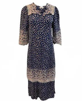 30s Blue  Ditzy Floral Crepe Day  Dress