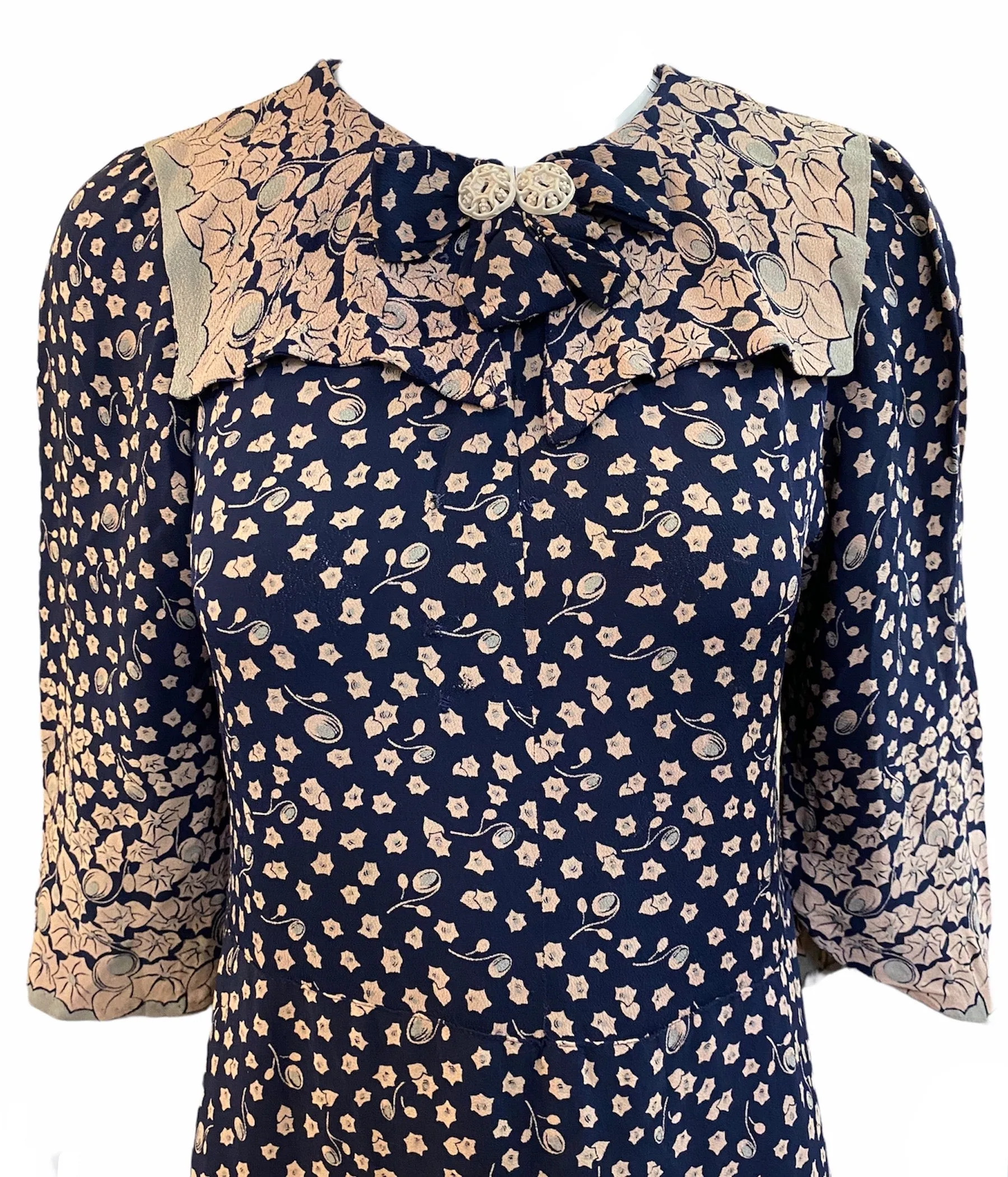 30s Blue  Ditzy Floral Crepe Day  Dress