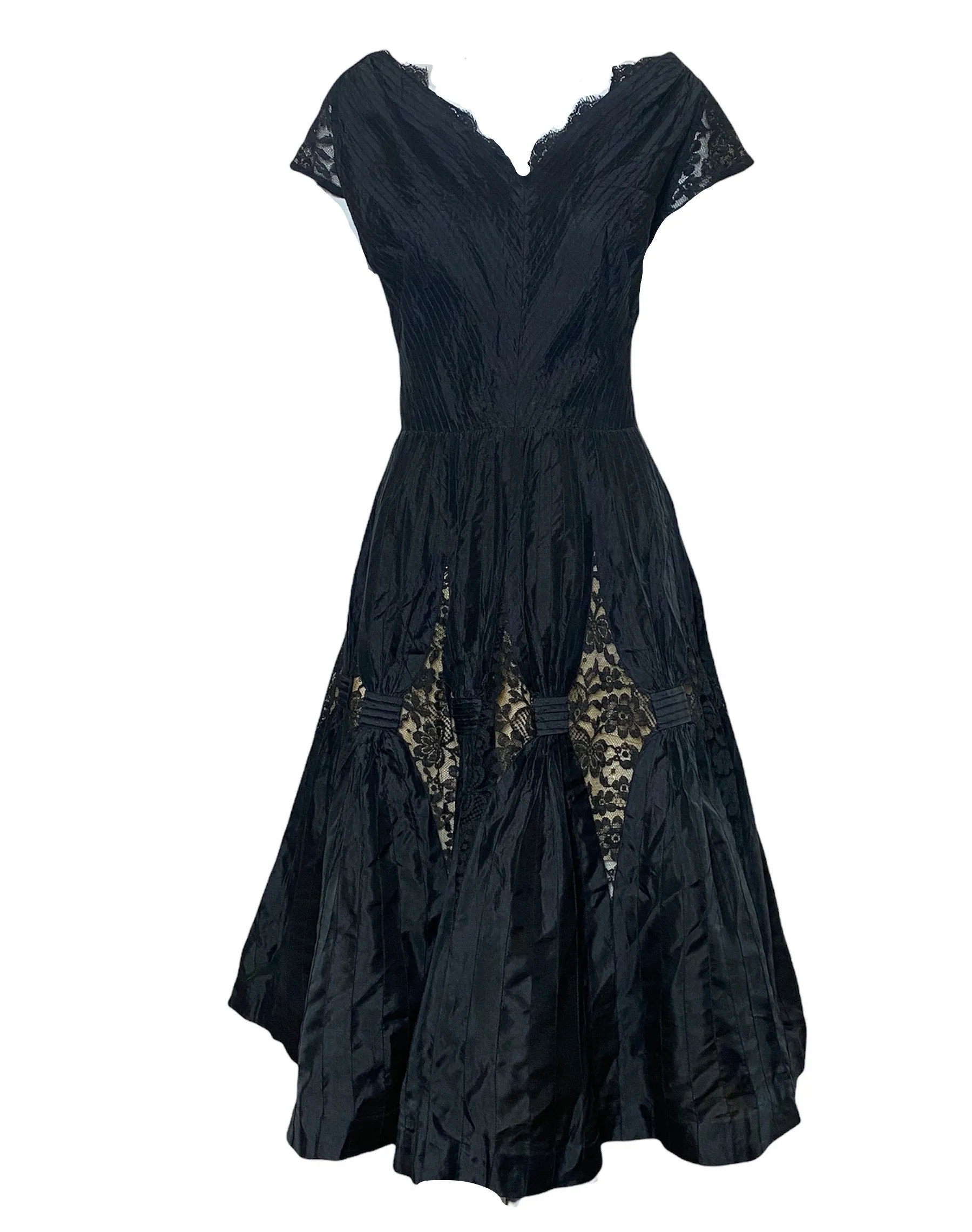 50s Charles Glueck Black Silk Taffeta Party Dress with Lacy Detail