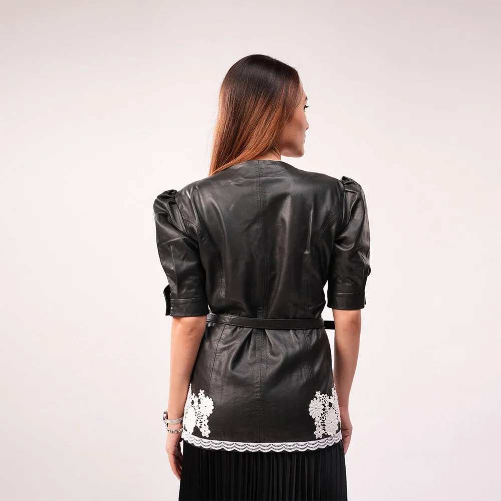 90 feet Zeenat Lacy Leather Black Jacket for Women