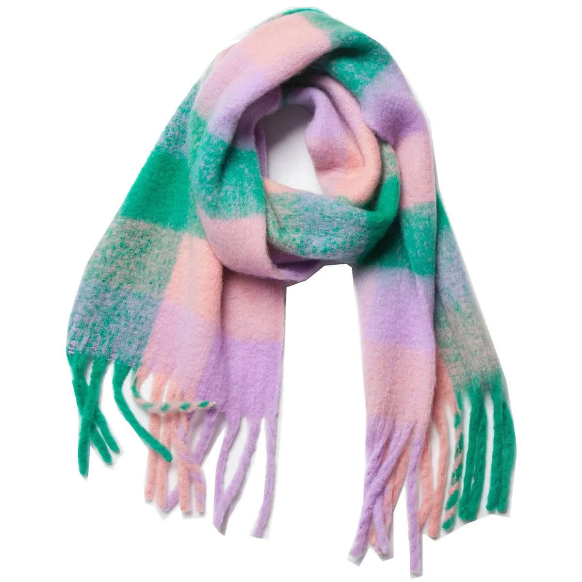 Accity | PLAID PATTERN FRINGE TRIM WINTER SCARF: PINK/GREEN