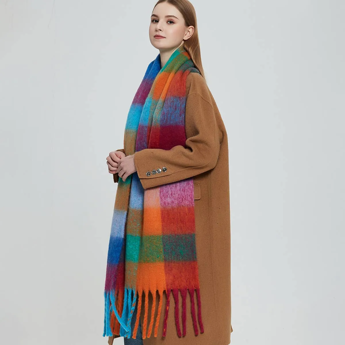 Accity | PLAID PATTERN FRINGE TRIM WINTER SCARF: PINK/GREEN