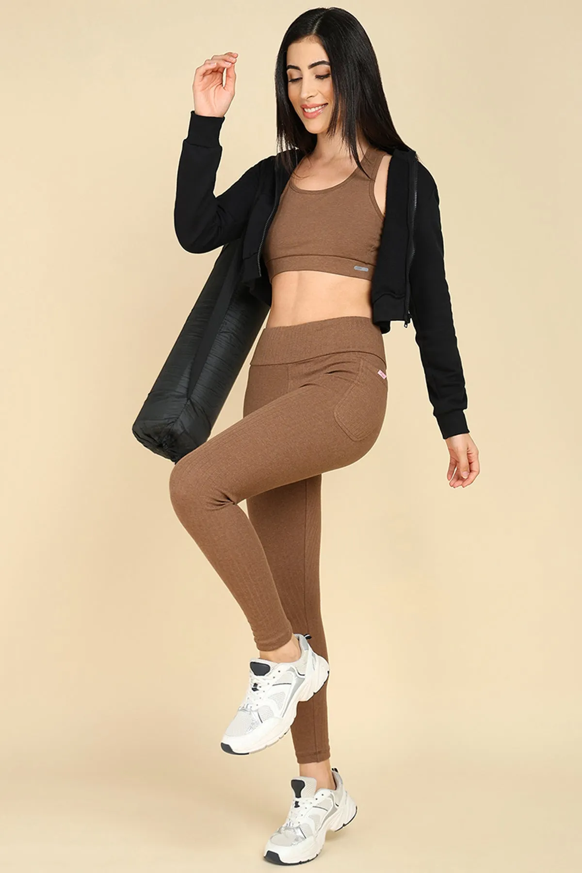 All Over Ribbed Cotton Melange Brown Mom Legging