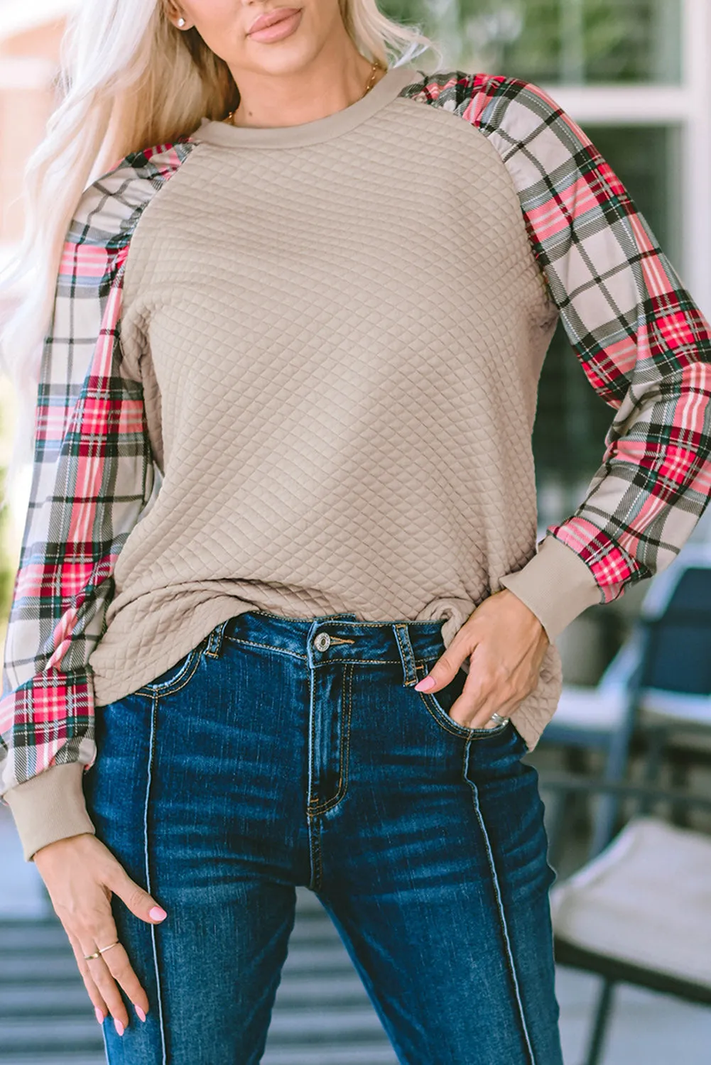 Apricot Plaid Raglan Sleeve Sweatshirt