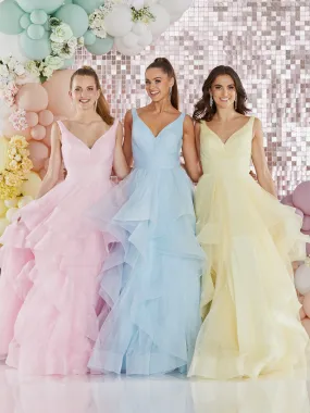 Artemis by Tiffany’s tulle prom dress in baby blue, lemon, pink