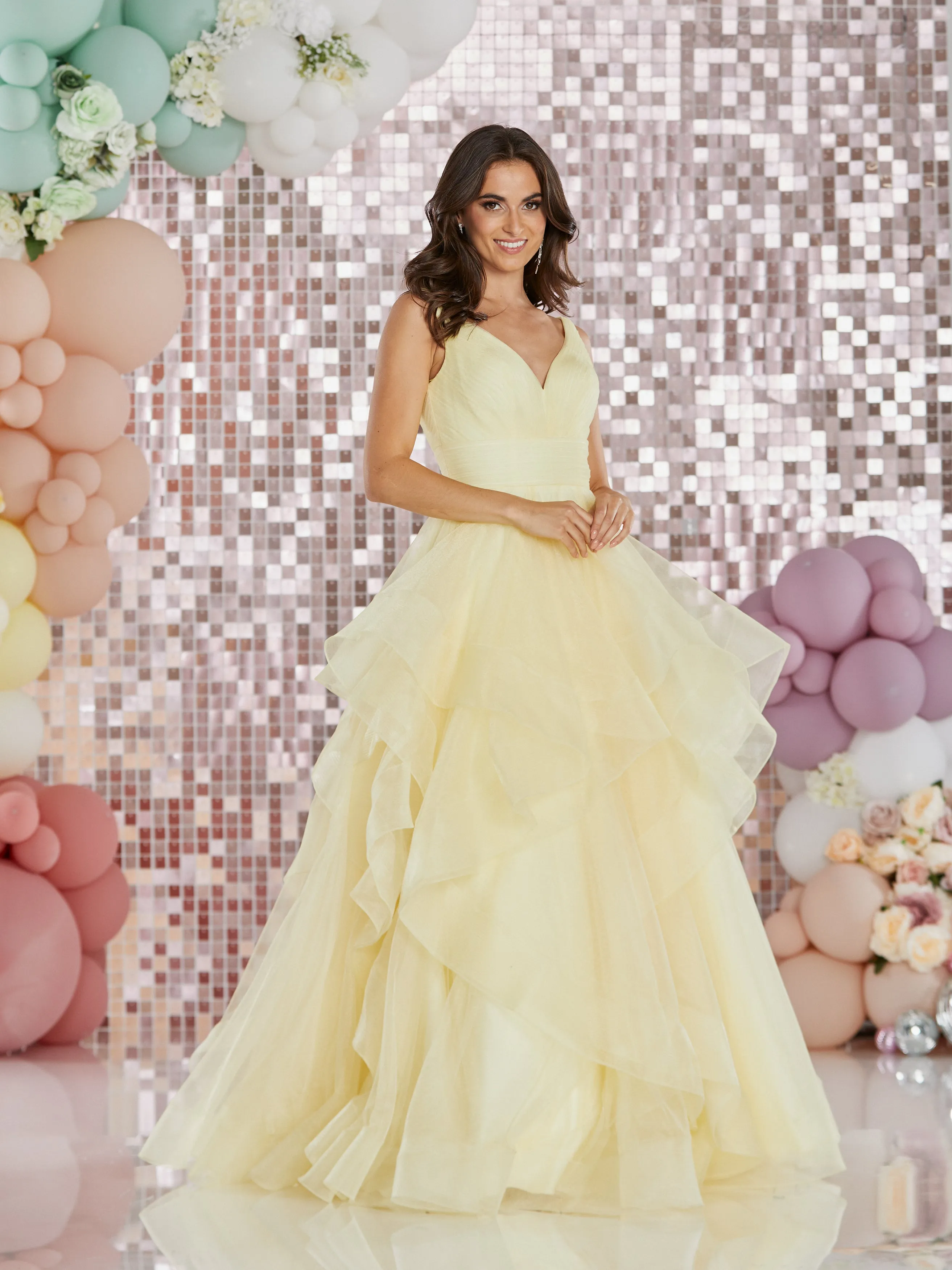 Artemis by Tiffany’s tulle prom dress in baby blue, lemon, pink