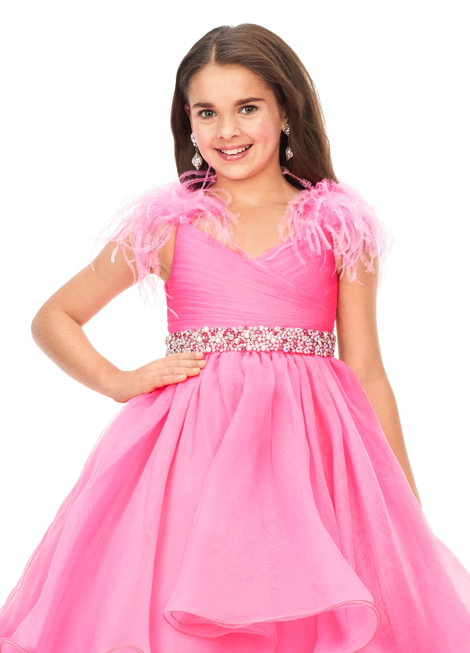 Ashley Lauren Kids 8184 Girls Pageant Dress Feather Ballgown Layer Crystal Belt Gown