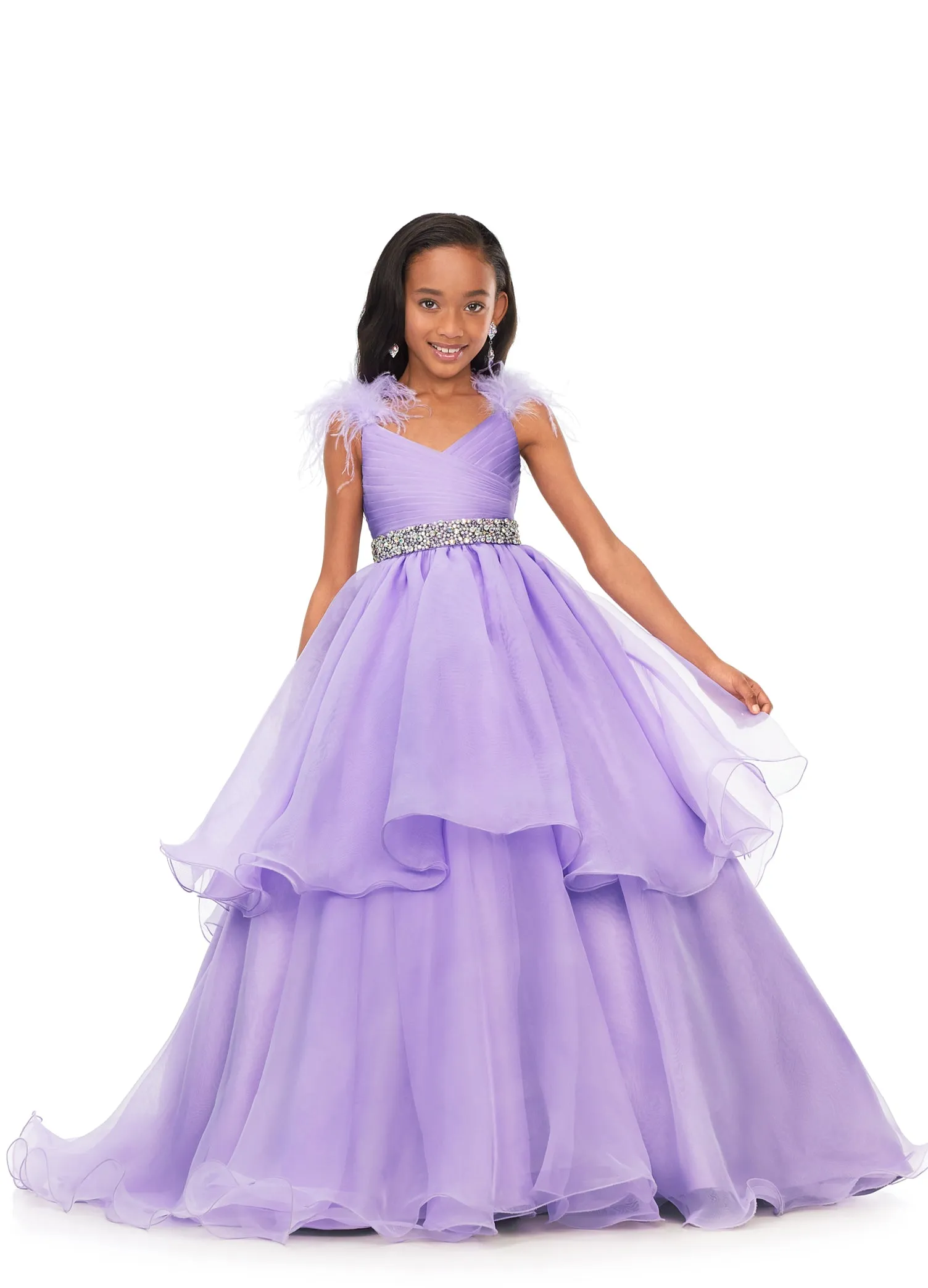 Ashley Lauren Kids 8184 Girls Pageant Dress Feather Ballgown Layer Crystal Belt Gown