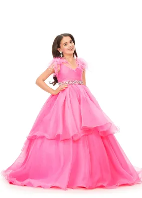 Ashley Lauren Kids 8184 Girls Pageant Dress Feather Ballgown Layer Crystal Belt Gown