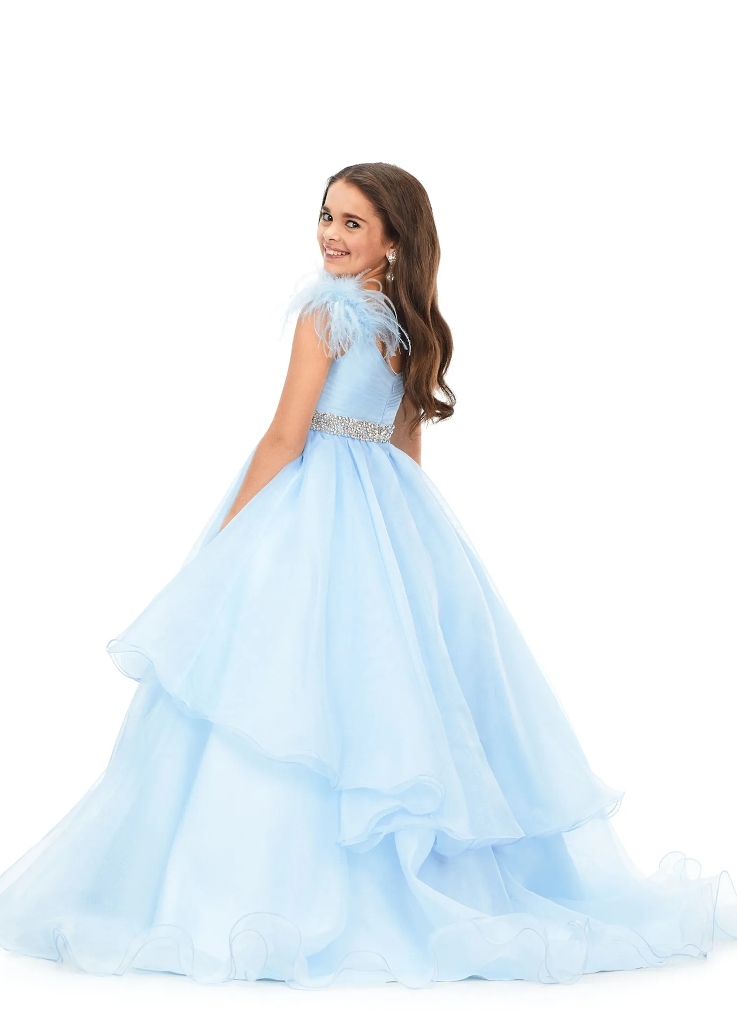 Ashley Lauren Kids 8184 Girls Pageant Dress Feather Ballgown Layer Crystal Belt Gown