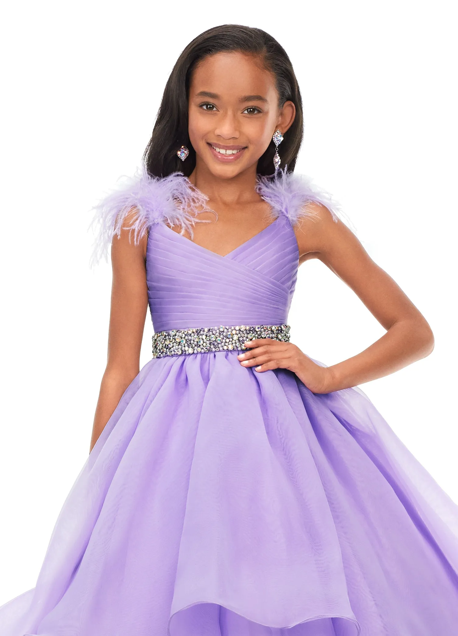 Ashley Lauren Kids 8184 Girls Pageant Dress Feather Ballgown Layer Crystal Belt Gown