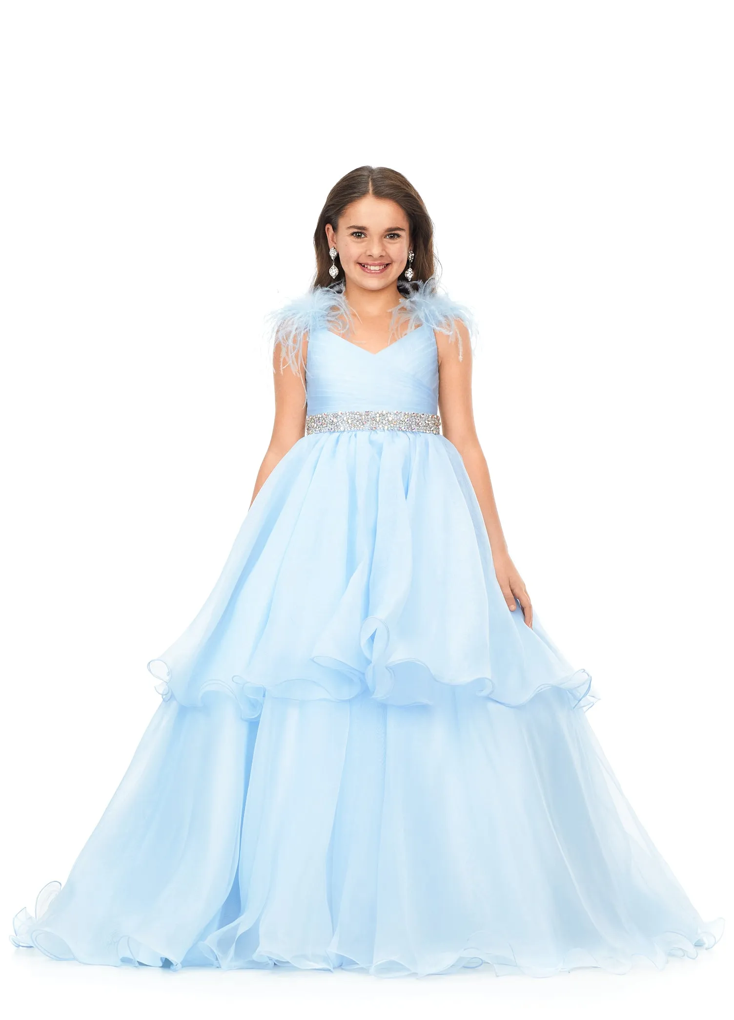 Ashley Lauren Kids 8184 Girls Pageant Dress Feather Ballgown Layer Crystal Belt Gown