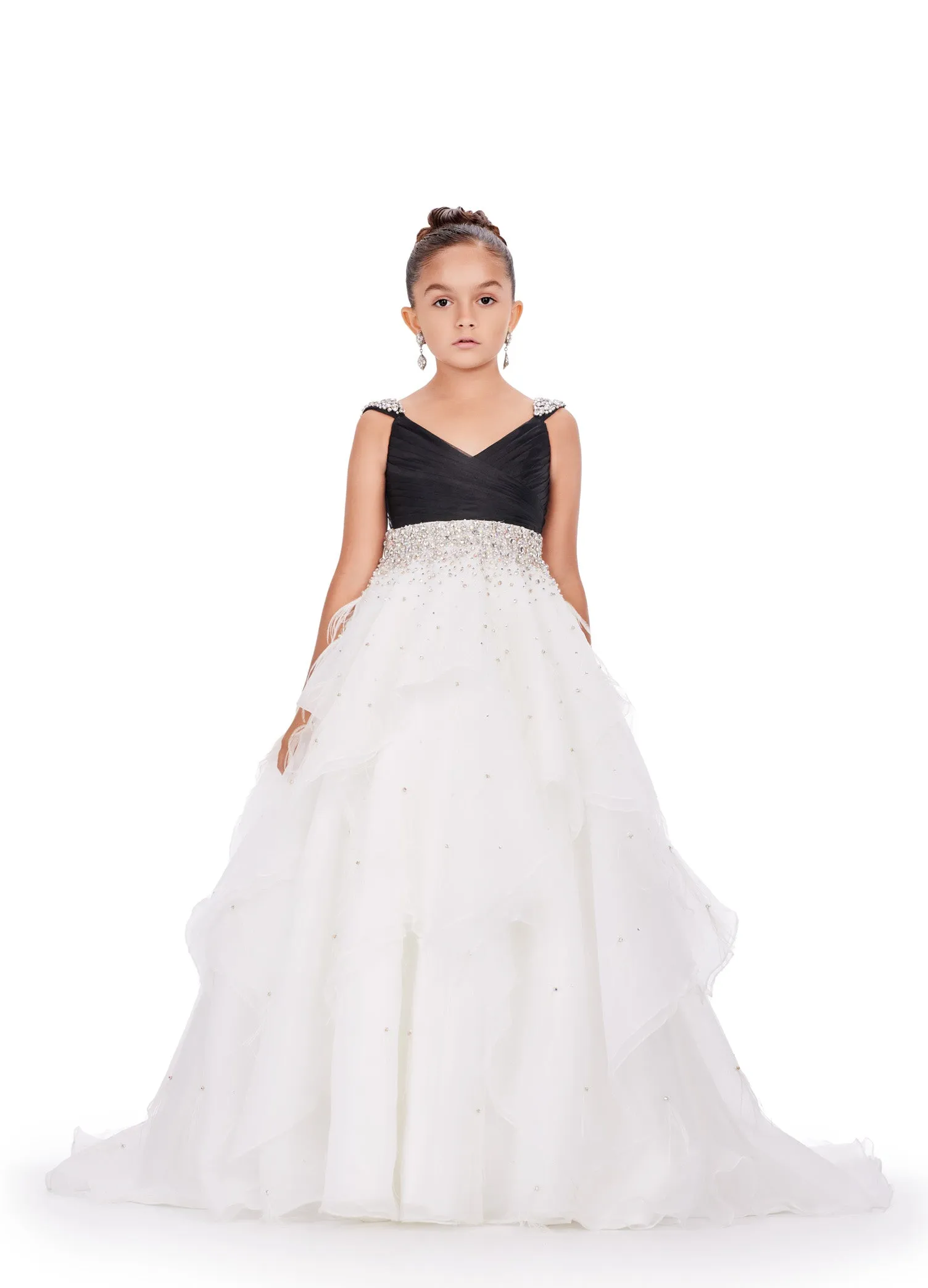 Ashley Lauren Kids 8219 Girls Layered Feather Pageant Dress ballgown Embellished V Neck Gown