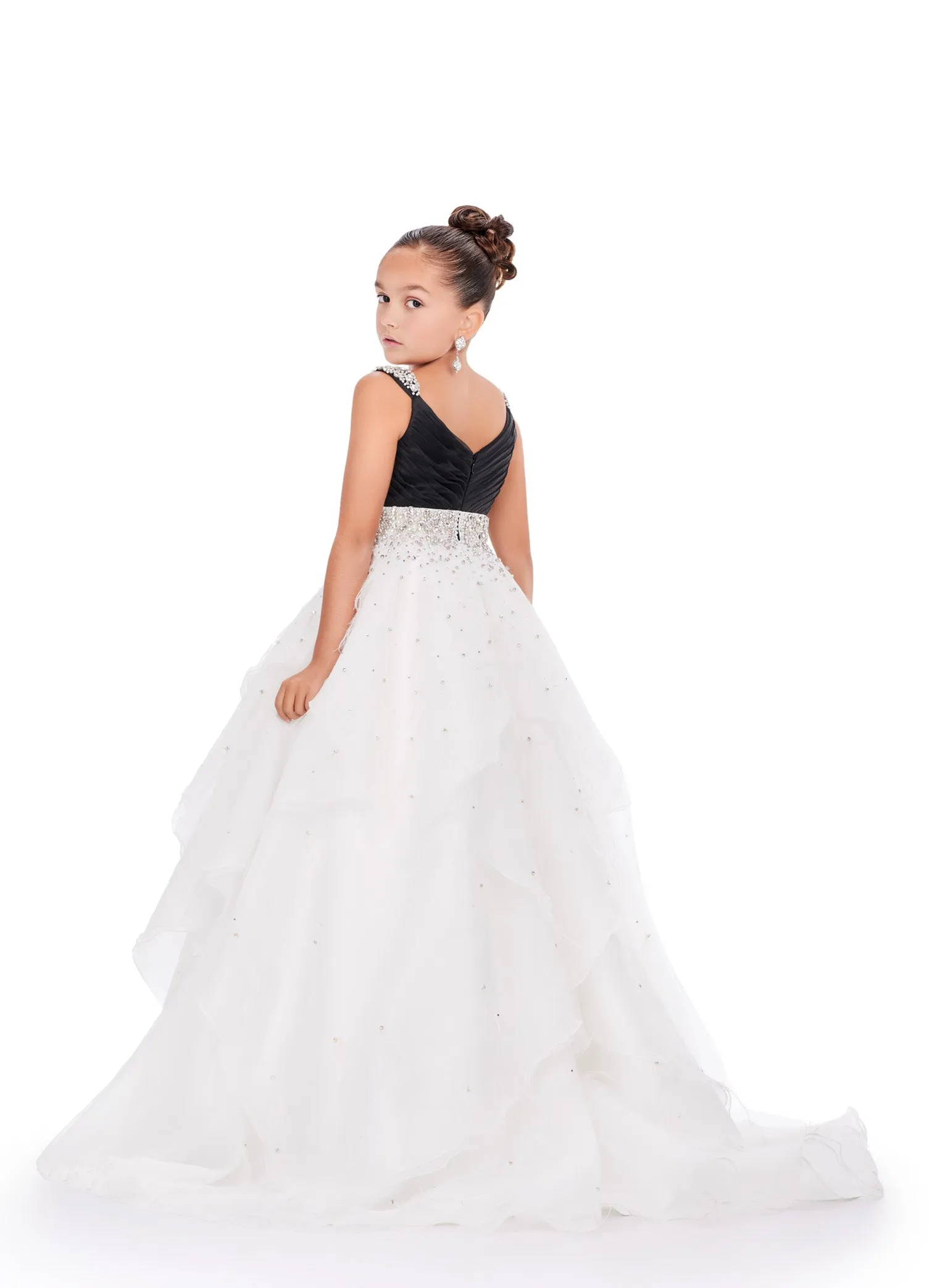 Ashley Lauren Kids 8219 Girls Layered Feather Pageant Dress ballgown Embellished V Neck Gown