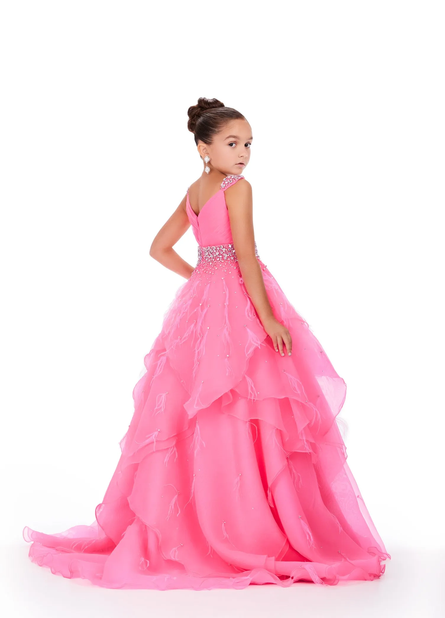 Ashley Lauren Kids 8219 Girls Layered Feather Pageant Dress ballgown Embellished V Neck Gown