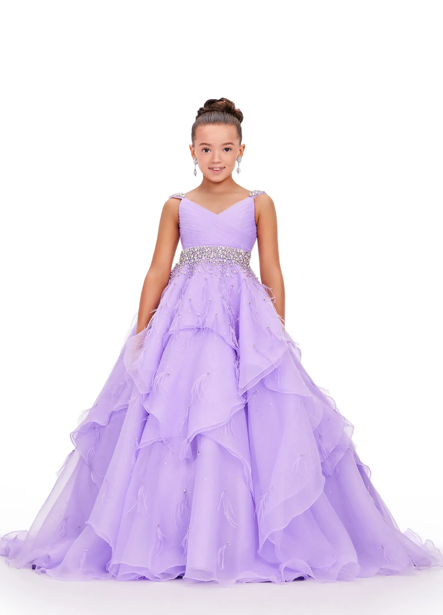 Ashley Lauren Kids 8219 Girls Layered Feather Pageant Dress ballgown Embellished V Neck Gown