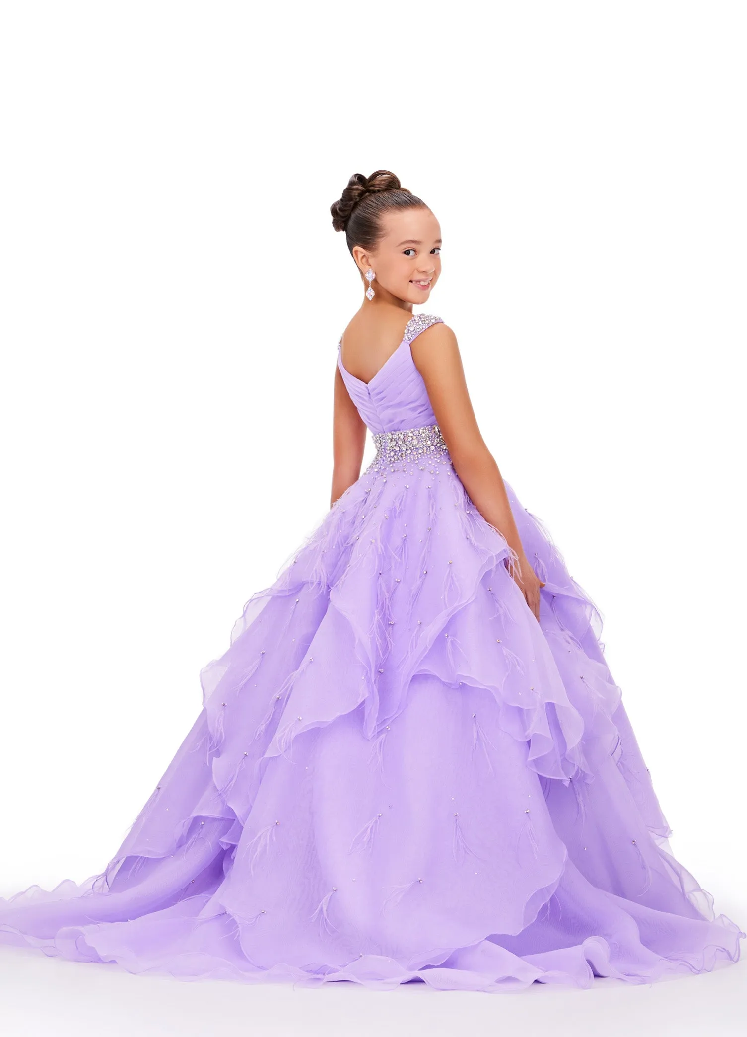 Ashley Lauren Kids 8219 Girls Layered Feather Pageant Dress ballgown Embellished V Neck Gown