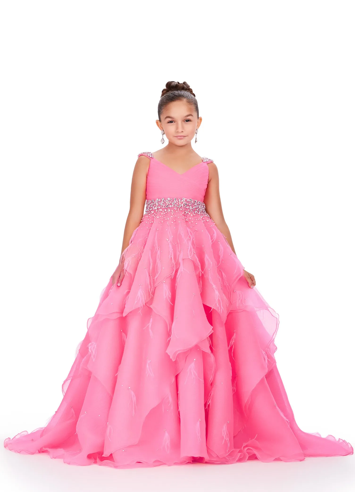 Ashley Lauren Kids 8219 Girls Layered Feather Pageant Dress ballgown Embellished V Neck Gown