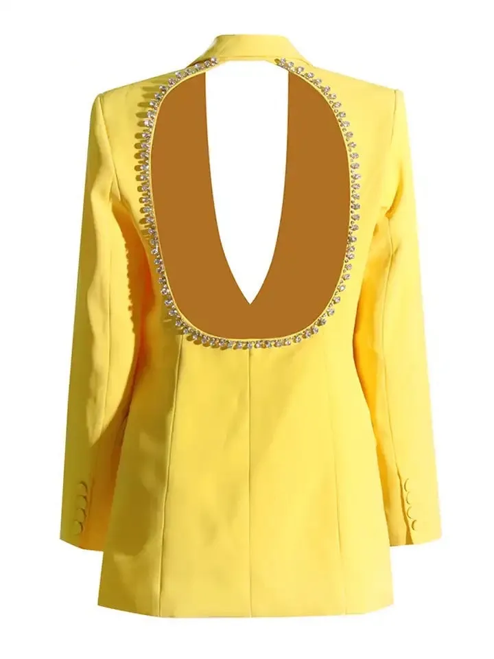 Back Cutout Diamond Crystal Yellow Blazer