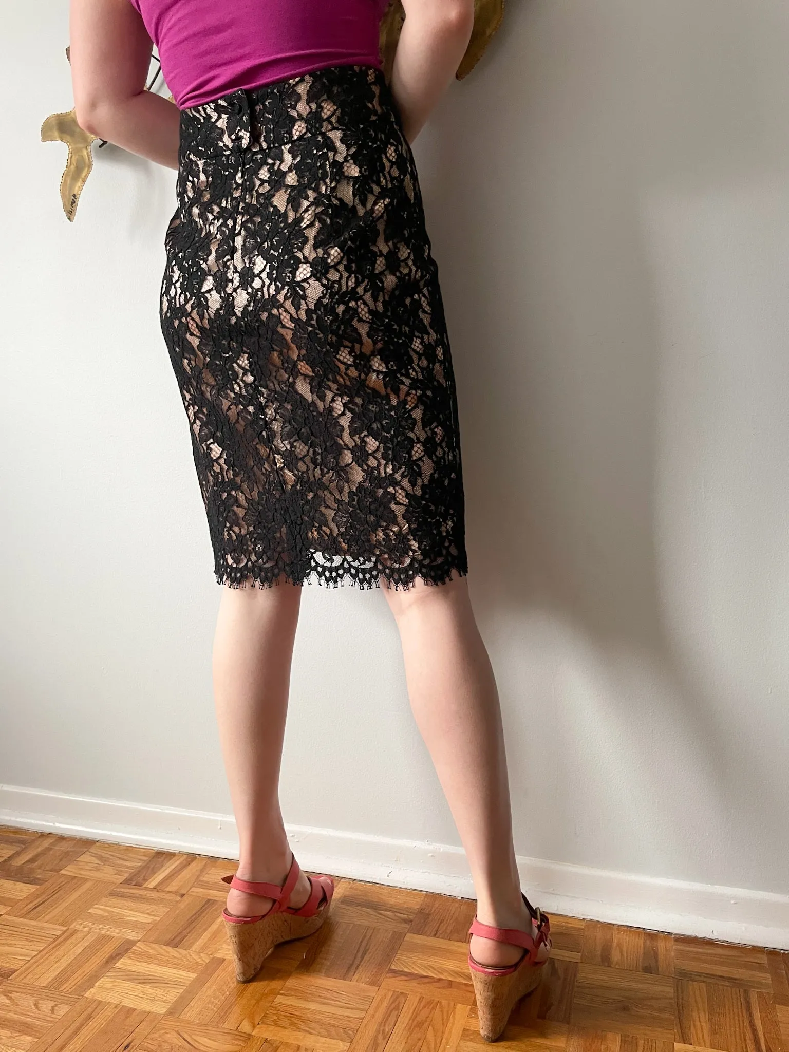 Banana Republic Black Lace Satin Blush Pencil Skirt - Size 4