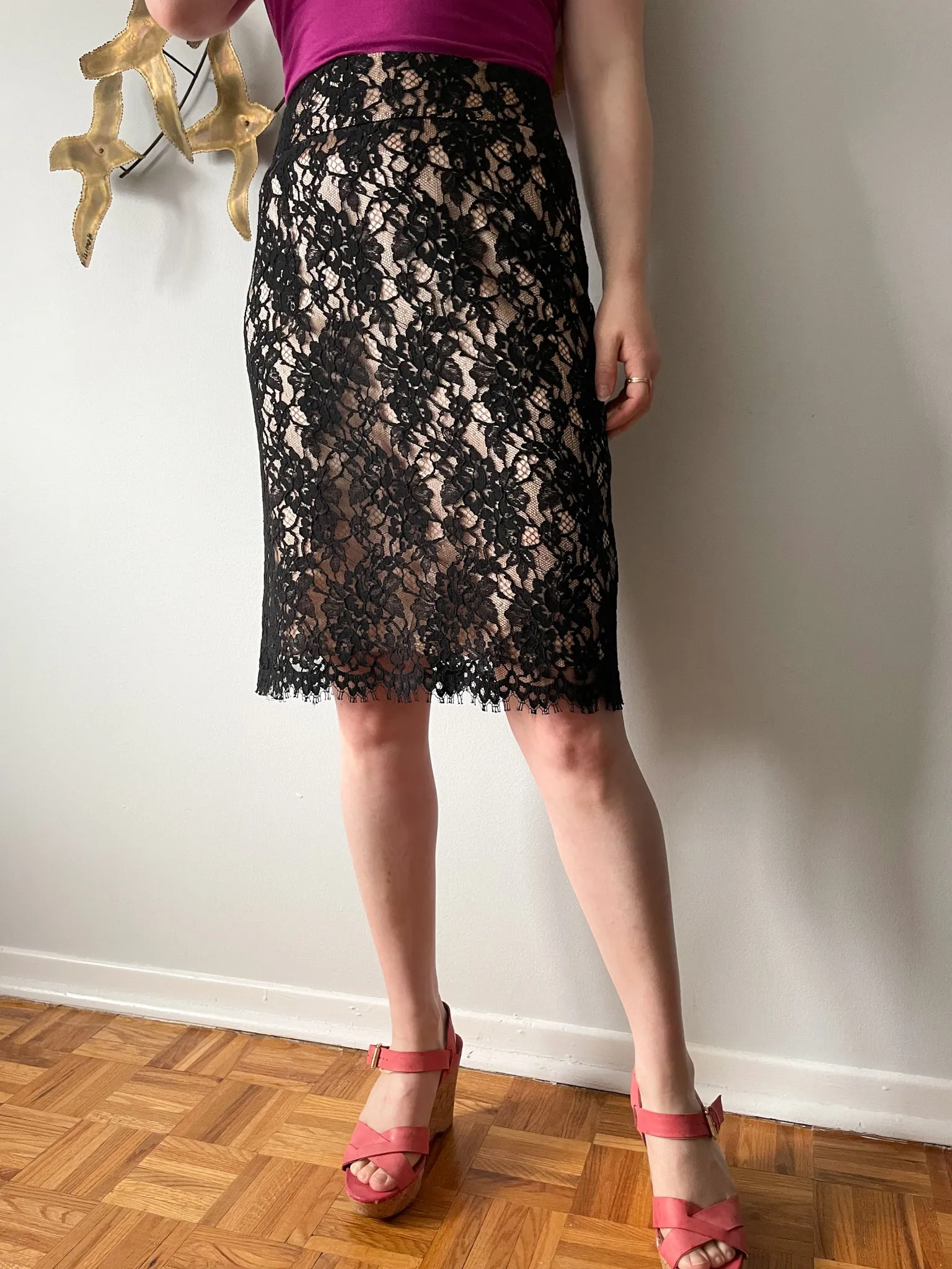 Banana Republic Black Lace Satin Blush Pencil Skirt - Size 4