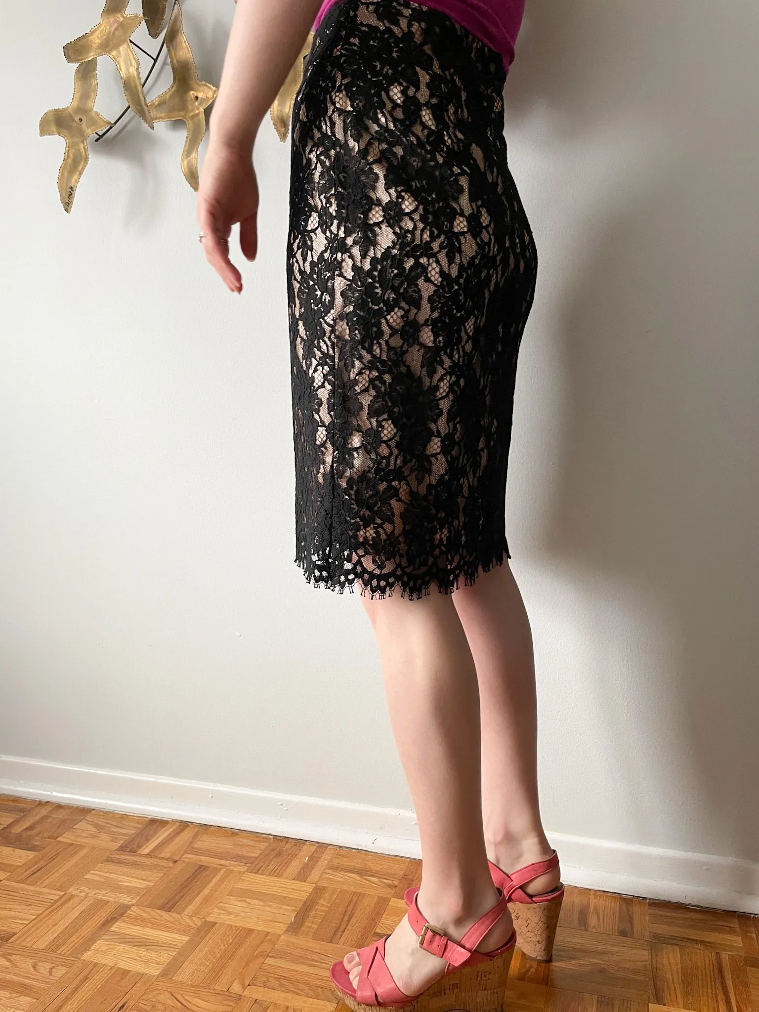 Banana Republic Black Lace Satin Blush Pencil Skirt - Size 4