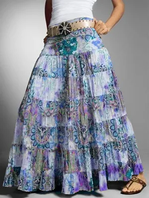 Beautiful Blue Print Gypsy Boho Maxi Skirt