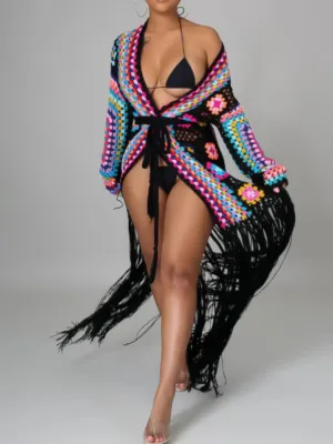 Beautiful Boho Multicolor Black Fringe Crochet Maxi Sweater