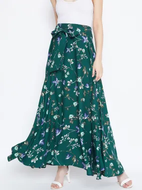 Berrylush Women Green Floral Print Bow Tie Waist Flared Floor Length Skirt