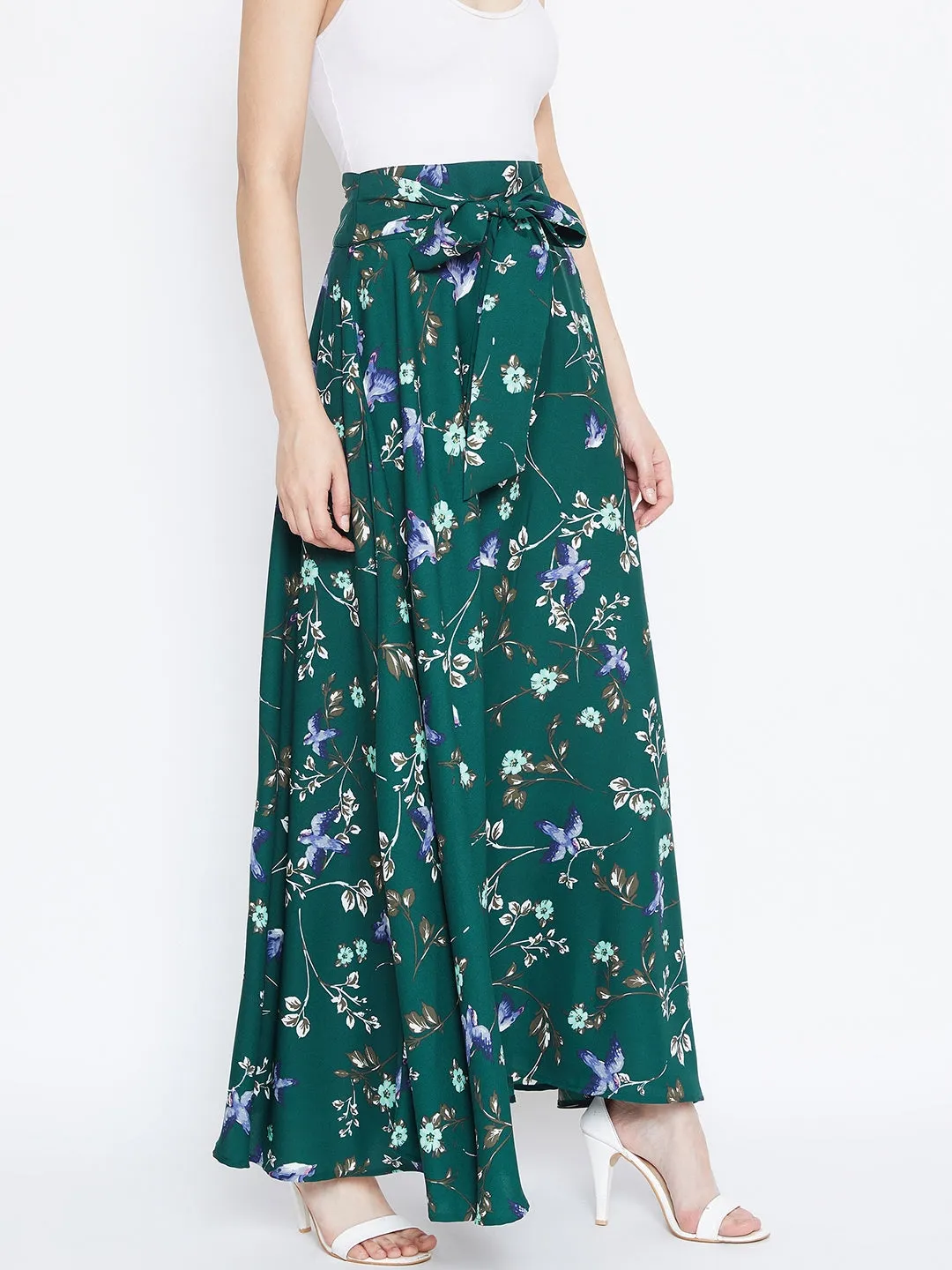 Berrylush Women Green Floral Print Bow Tie Waist Flared Floor Length Skirt