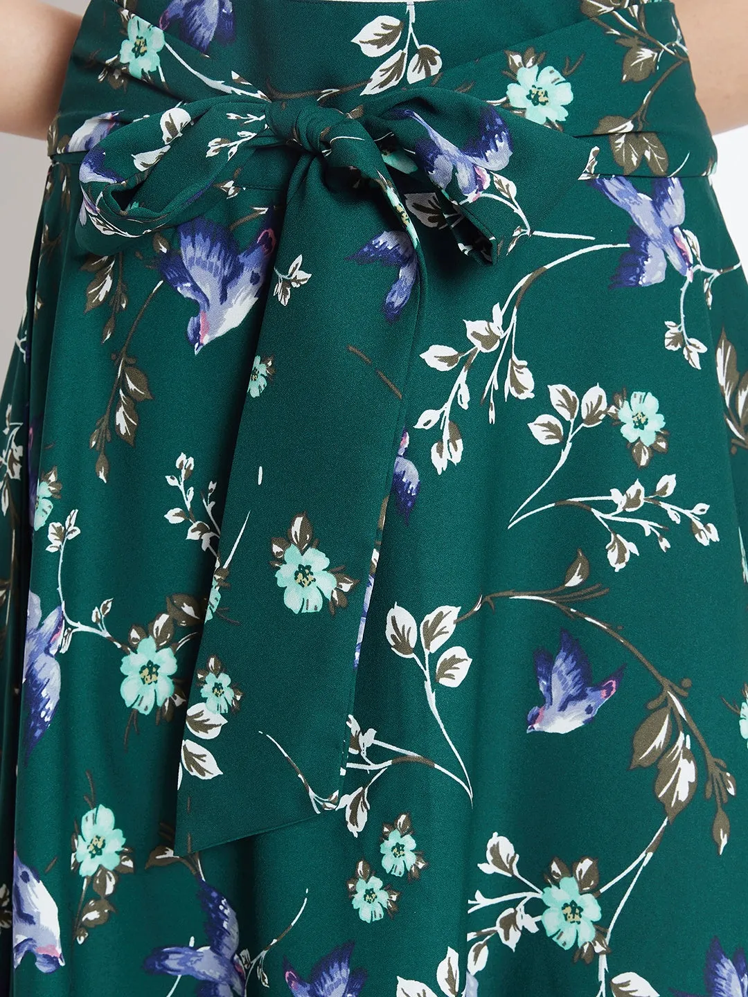 Berrylush Women Green Floral Print Bow Tie Waist Flared Floor Length Skirt