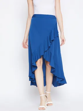 Berrylush Women Solid Blue Asymmetrical Hem Crepe Ruffled Wrap Midi Skirt