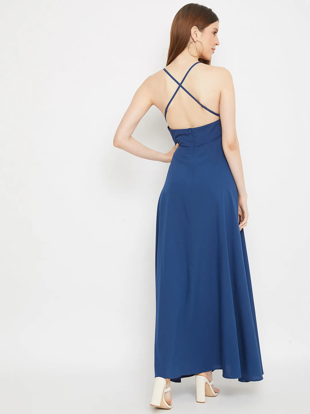 Berrylush Women Solid Blue Shoulder Straps Backless Maxi Dress