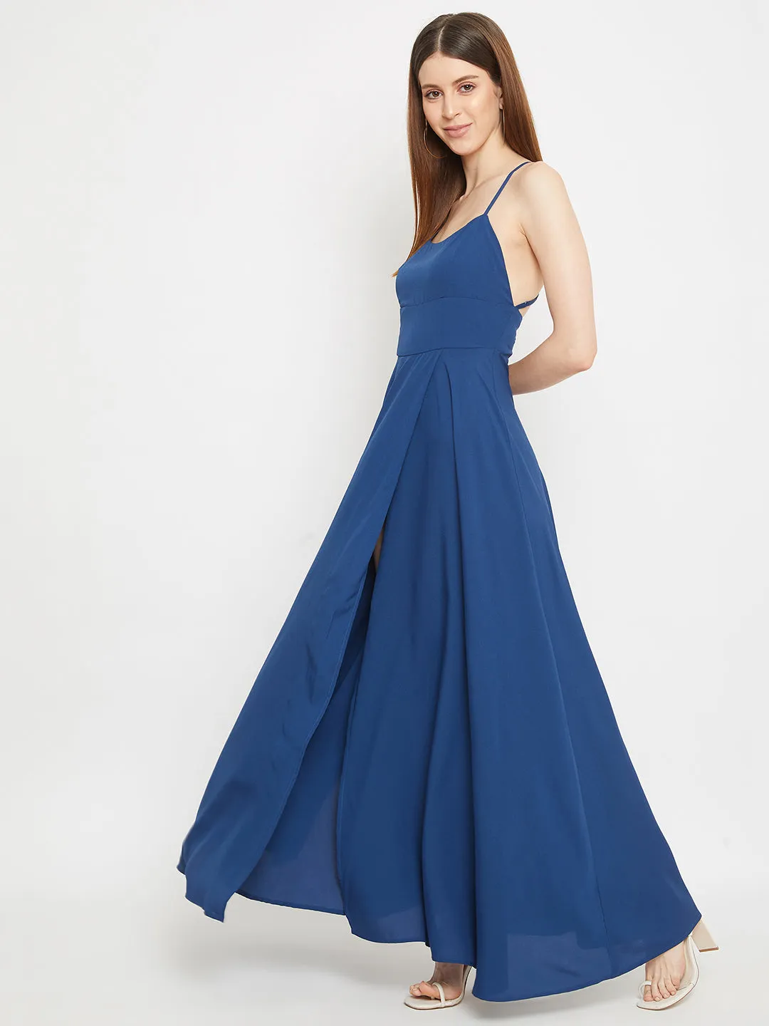 Berrylush Women Solid Blue Shoulder Straps Backless Maxi Dress