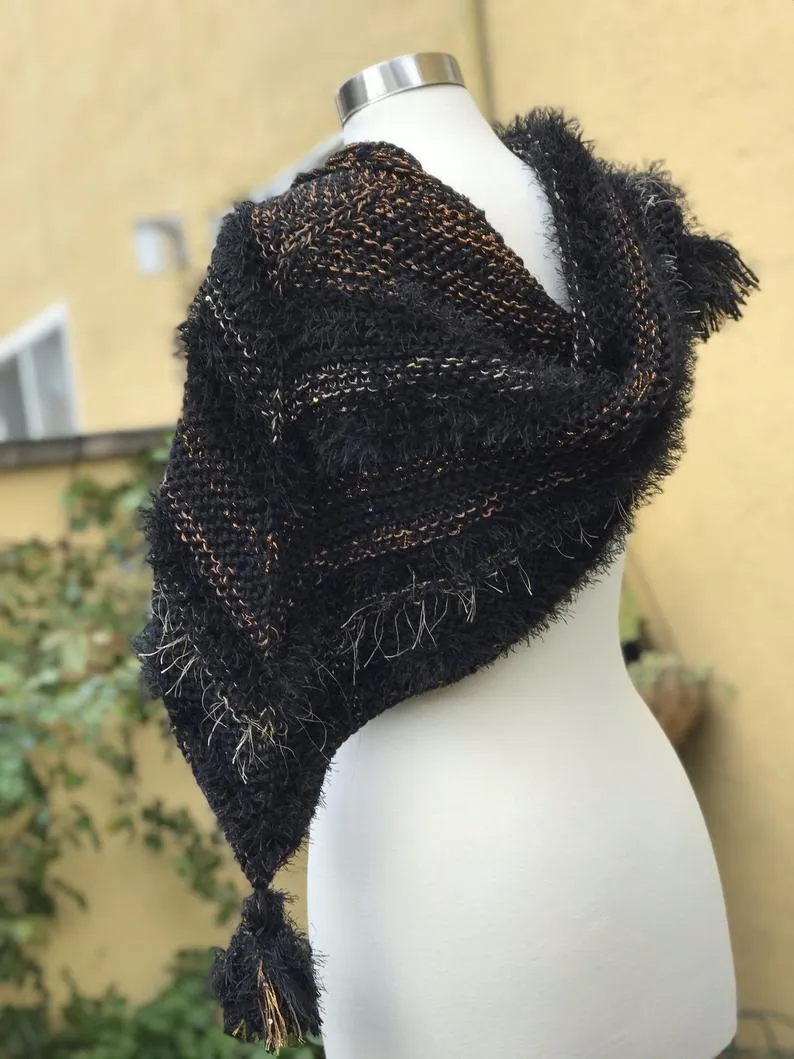 Black Knitted Shawl, Knitted Neckerchief for Women, Shawl with Fringe, Triangular Handkerchief, Mottled Knitted Handknitted