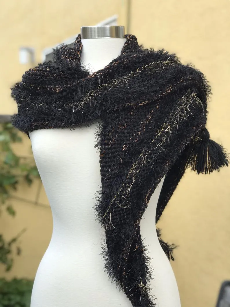 Black Knitted Shawl, Knitted Neckerchief for Women, Shawl with Fringe, Triangular Handkerchief, Mottled Knitted Handknitted