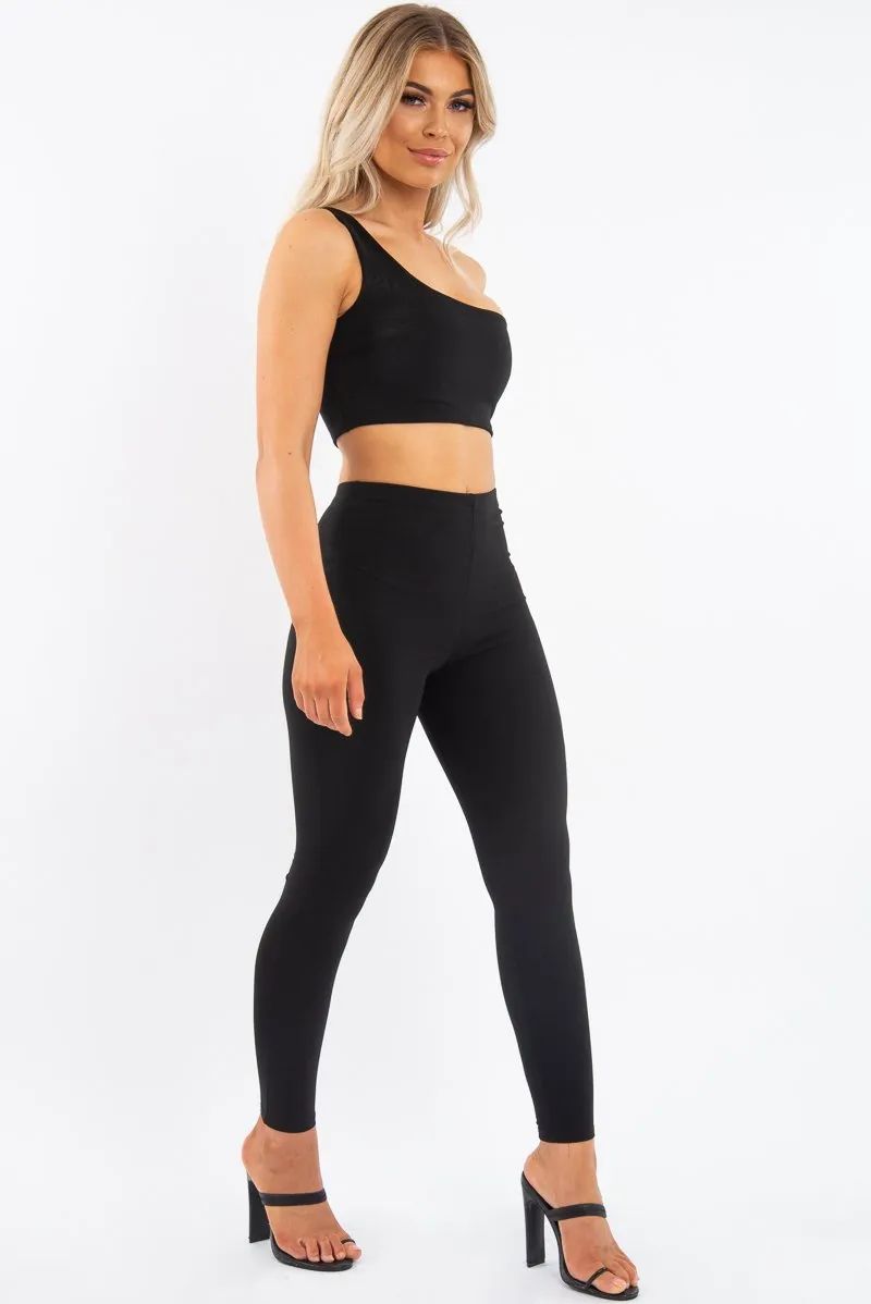 Black One Shoulder Crop Top and Leggings Co-Ord - Marrie