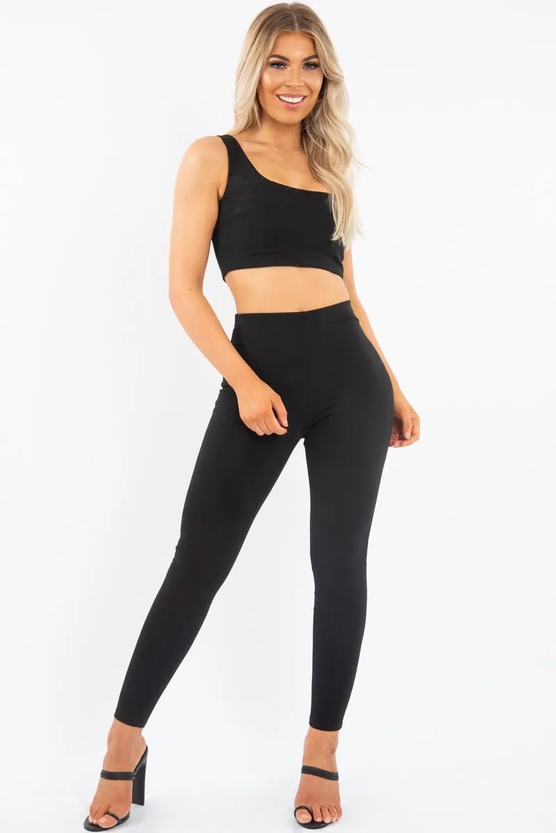 Black One Shoulder Crop Top and Leggings Co-Ord - Marrie