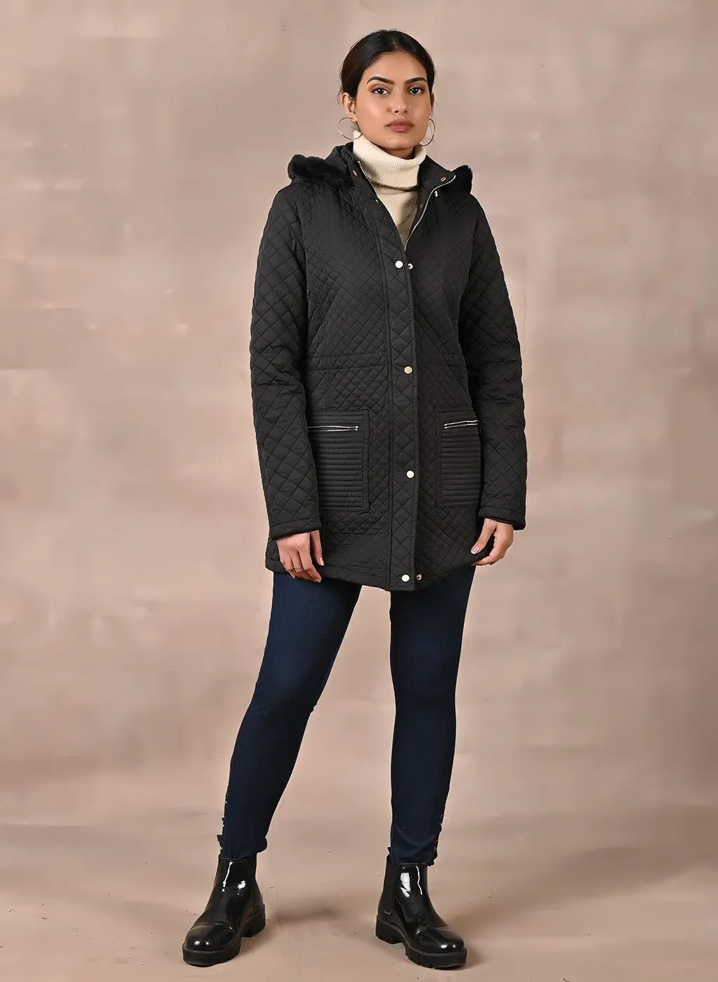 Black Quilted Jacket with attached Hood