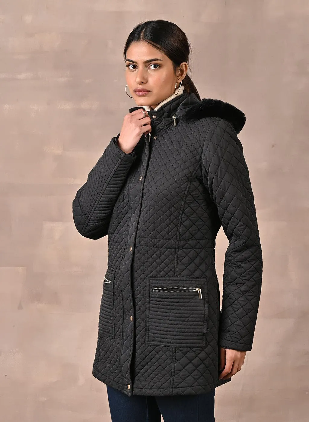 Black Quilted Jacket with attached Hood