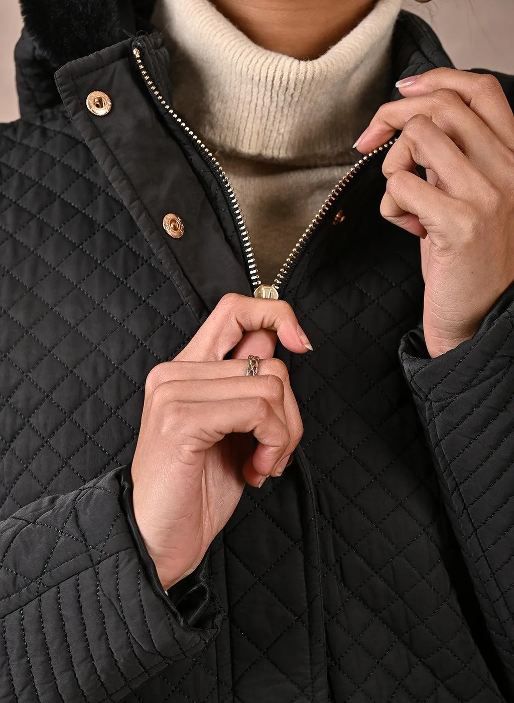 Black Quilted Jacket with attached Hood