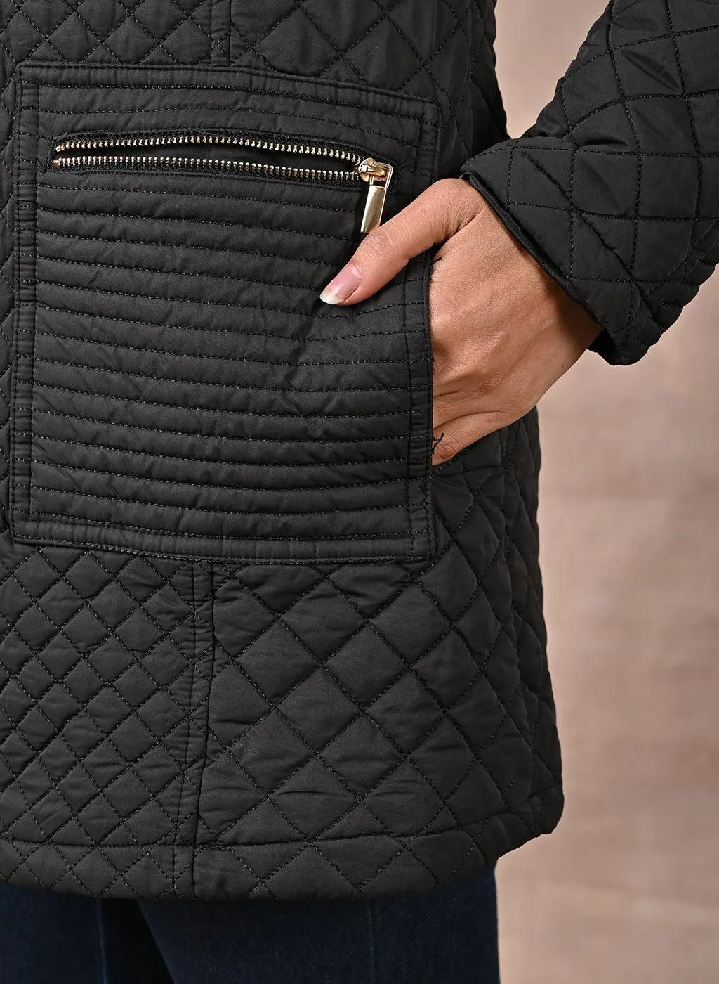 Black Quilted Jacket with attached Hood