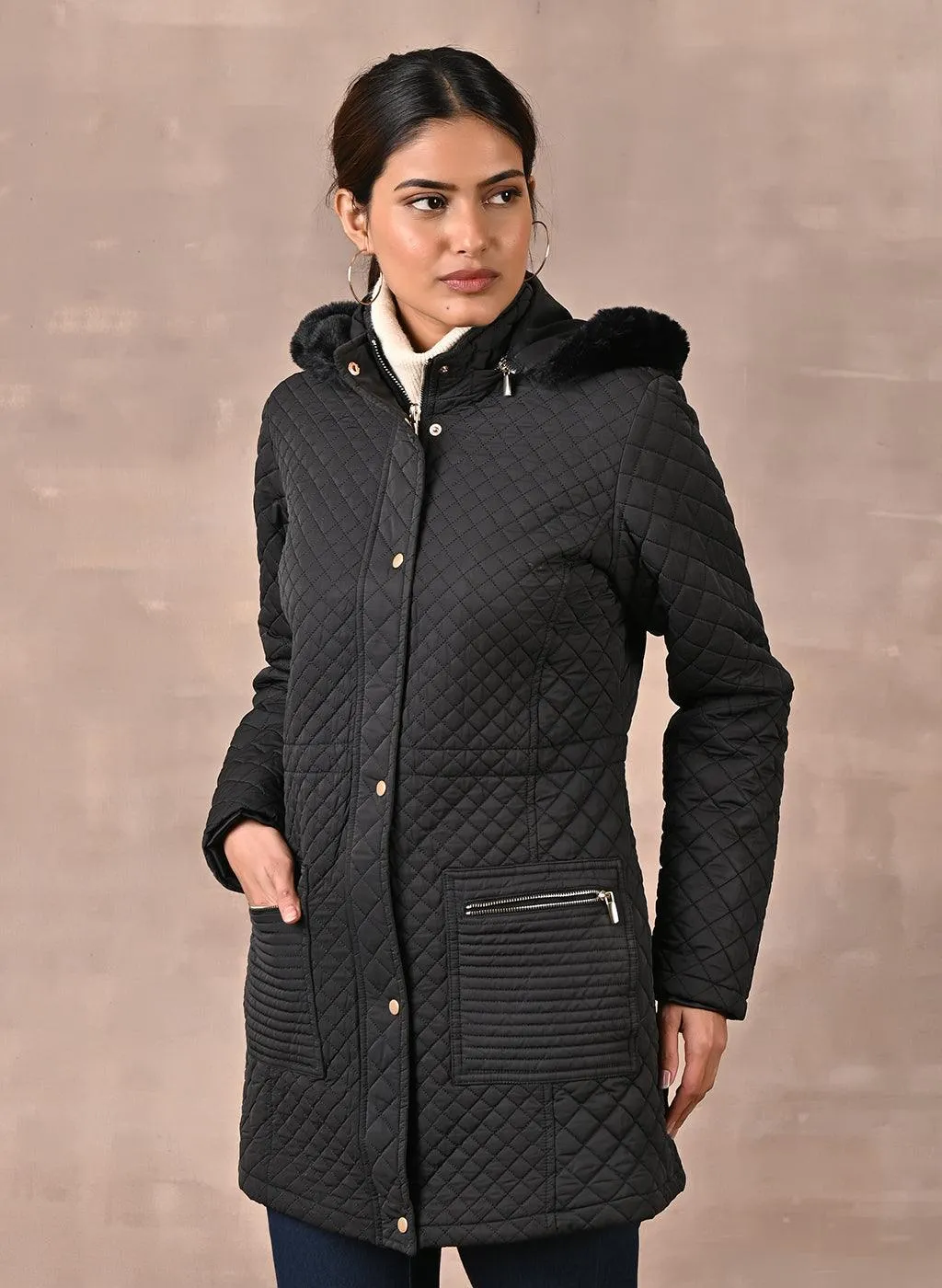 Black Quilted Jacket with attached Hood