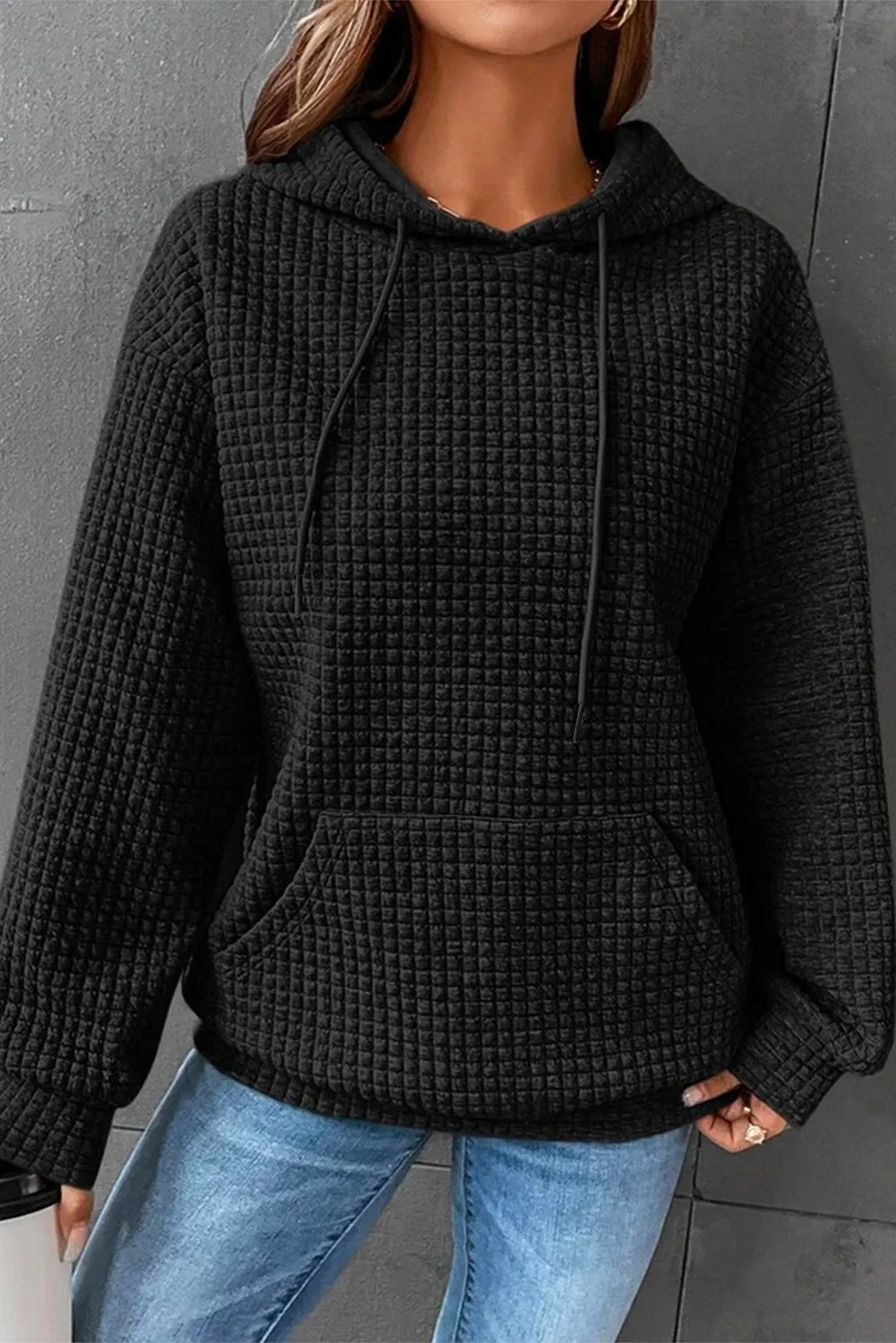 Black Quilted Kangaroo Pocket Drawstring Hoodie