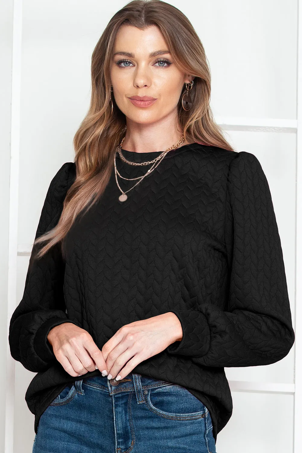 Black Quilted Puff Sleeve Sweatshirt