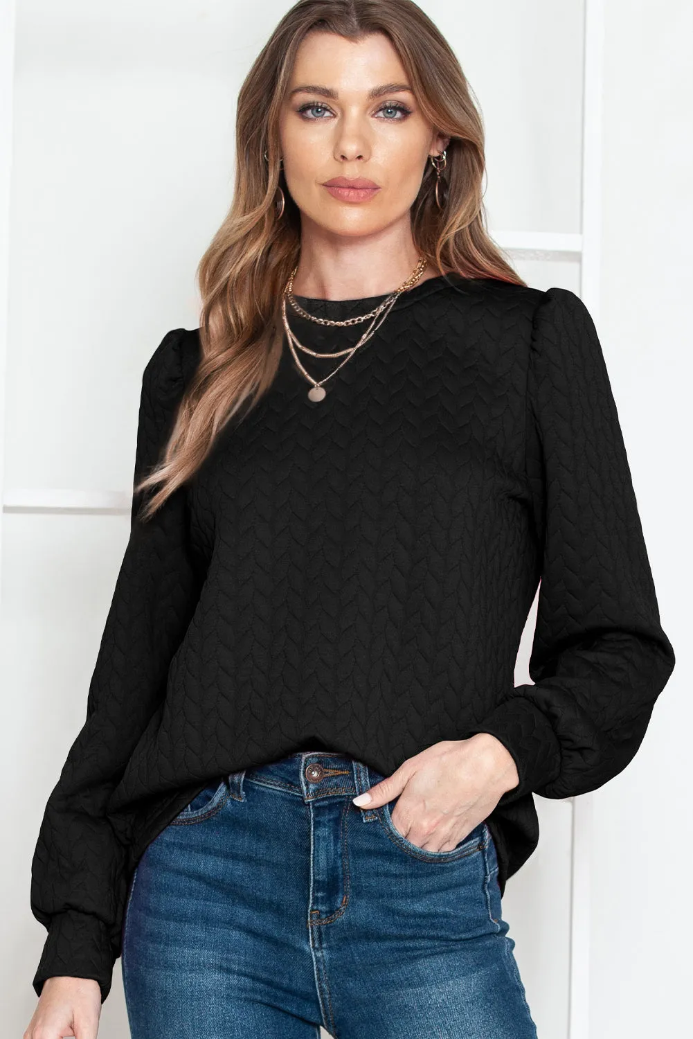 Black Quilted Puff Sleeve Sweatshirt