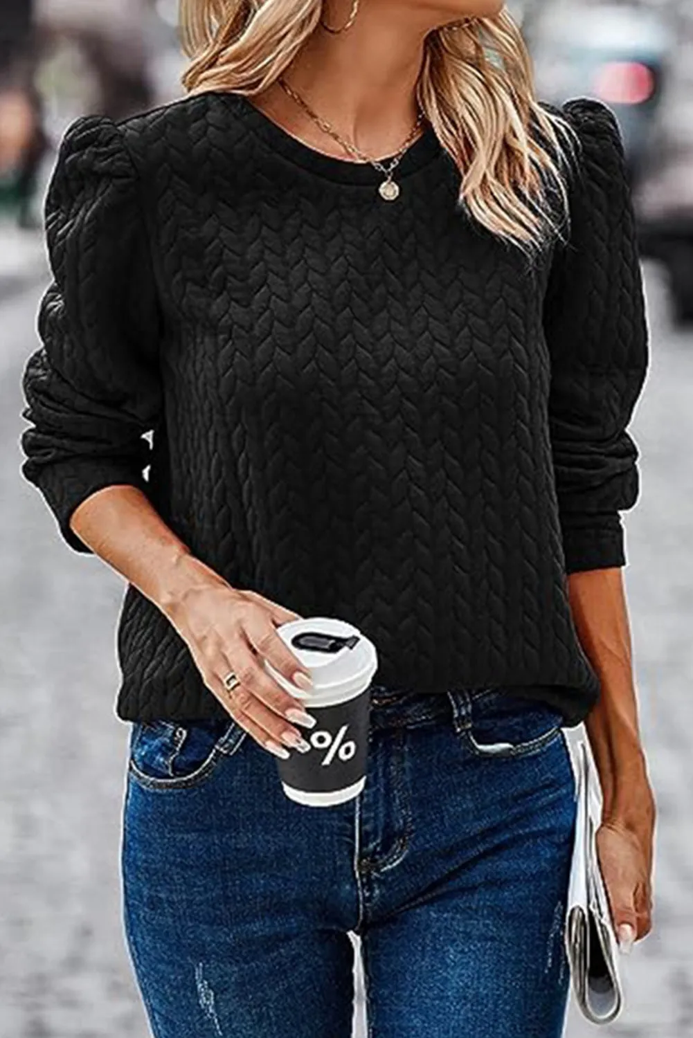 Black Quilted Puff Sleeve Sweatshirt